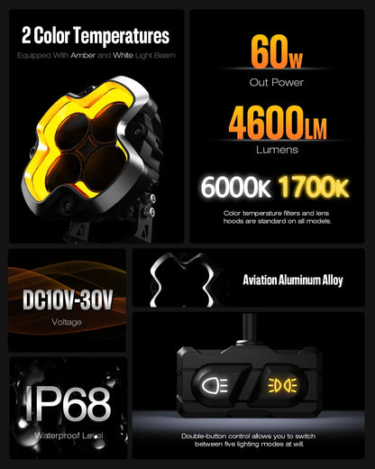 【NOVSIGHT】HALOシリーズ 6インチ LED Pod Lights with DRL 60W Twin Light Kit System Pair
