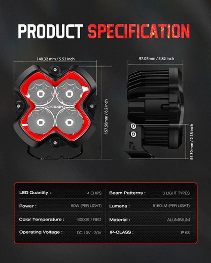 【NOVSIGHT】HALO SEシリーズ 6インチ LED Pod Lights with Red and White DRL