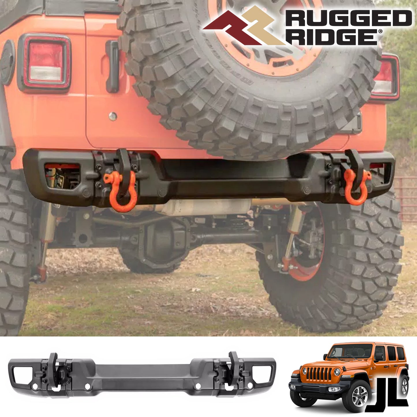 RUGGED RIDGE (ラギッドリッジ) ARCUS リアバンパー ブラック パーキングセンサーホール付き JLジープラングラー用