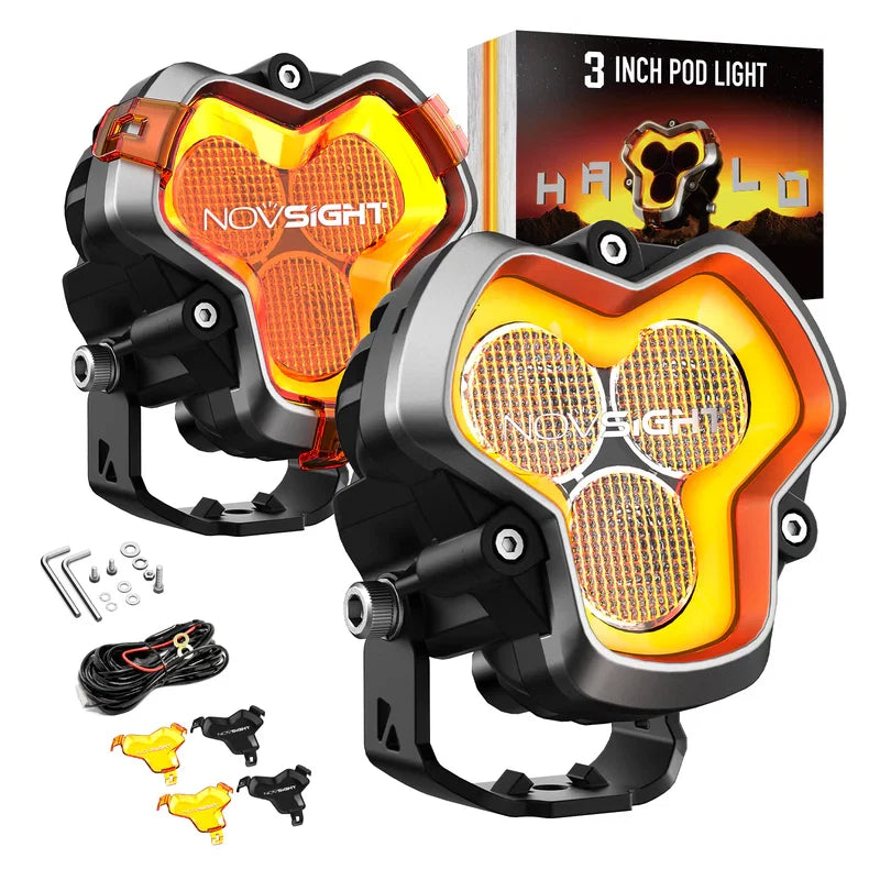 【NOVSIGHT】HALOシリーズ 3インチ LED Pod Lights with DRL 48W Twin Light Kit System Pair