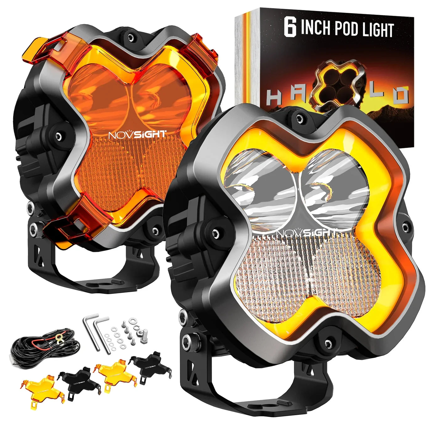【NOVSIGHT】HALOシリーズ 6インチ LED Pod Lights with DRL 60W Twin Light Kit System Pair