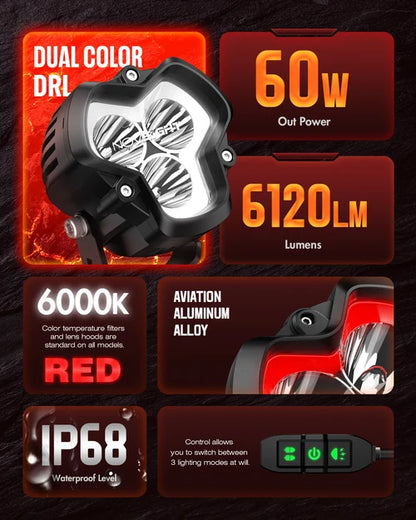 【NOVSIGHT】HALO SEシリーズ 3インチ LED Pod Lights with Red and White DRL