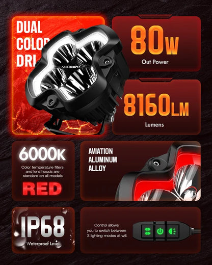 【NOVSIGHT】HALO SEシリーズ 6インチ LED Pod Lights with Red and White DRL