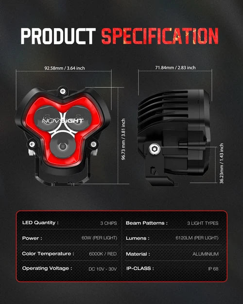 【NOVSIGHT】HALO SEシリーズ 3インチ LED Pod Lights with Red and White DRL